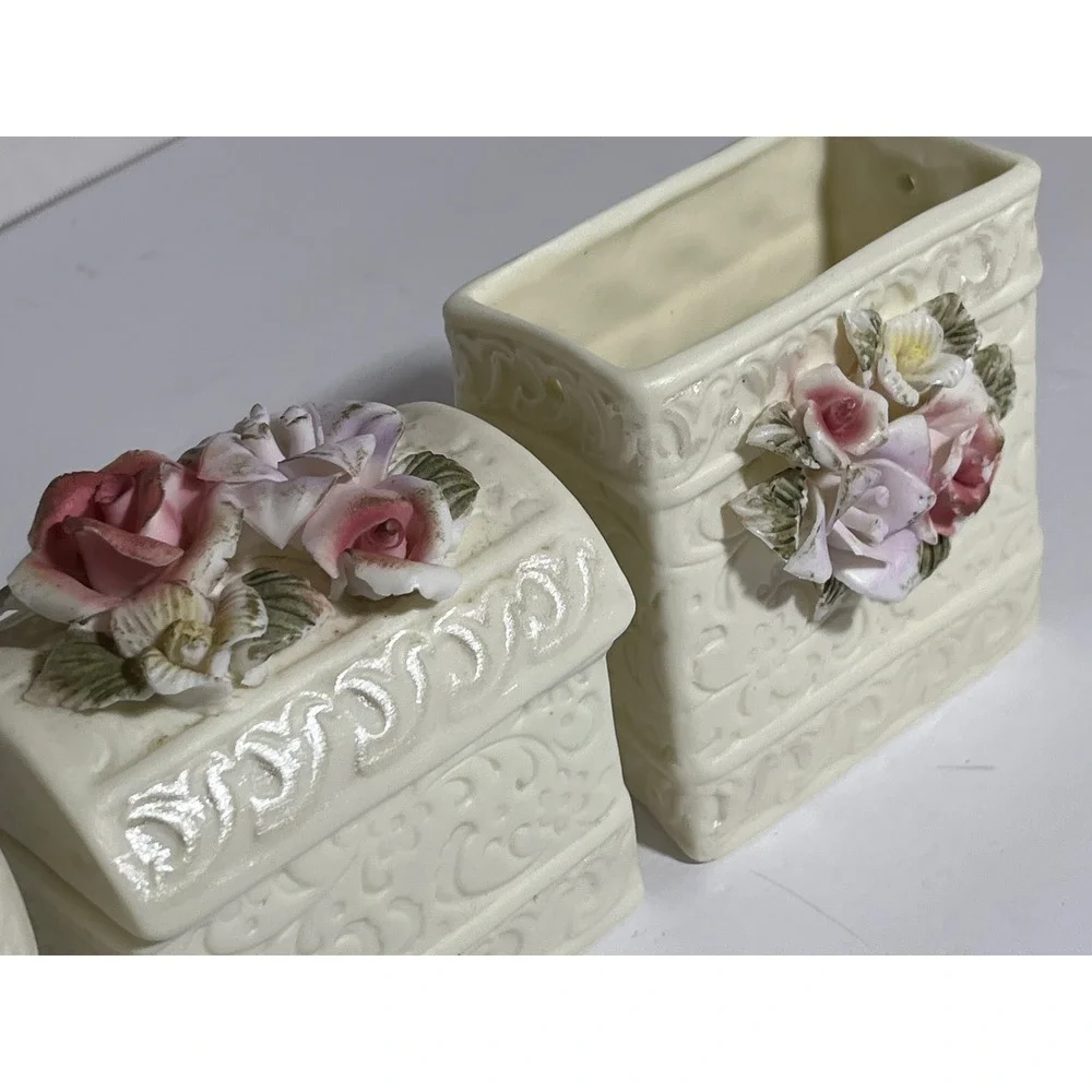 Vintage 90s Ceramic Vanity Set Cottagecore Heart Vase Trinket Box Brush Holder